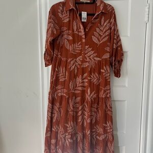 Cracker Barrel Boho Terracotta Leaf Print Long Sleeve Dress